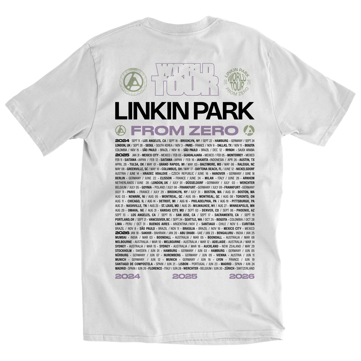White Linkin Park From Zero World Tour 2026 T-Shirt with tour dates on back